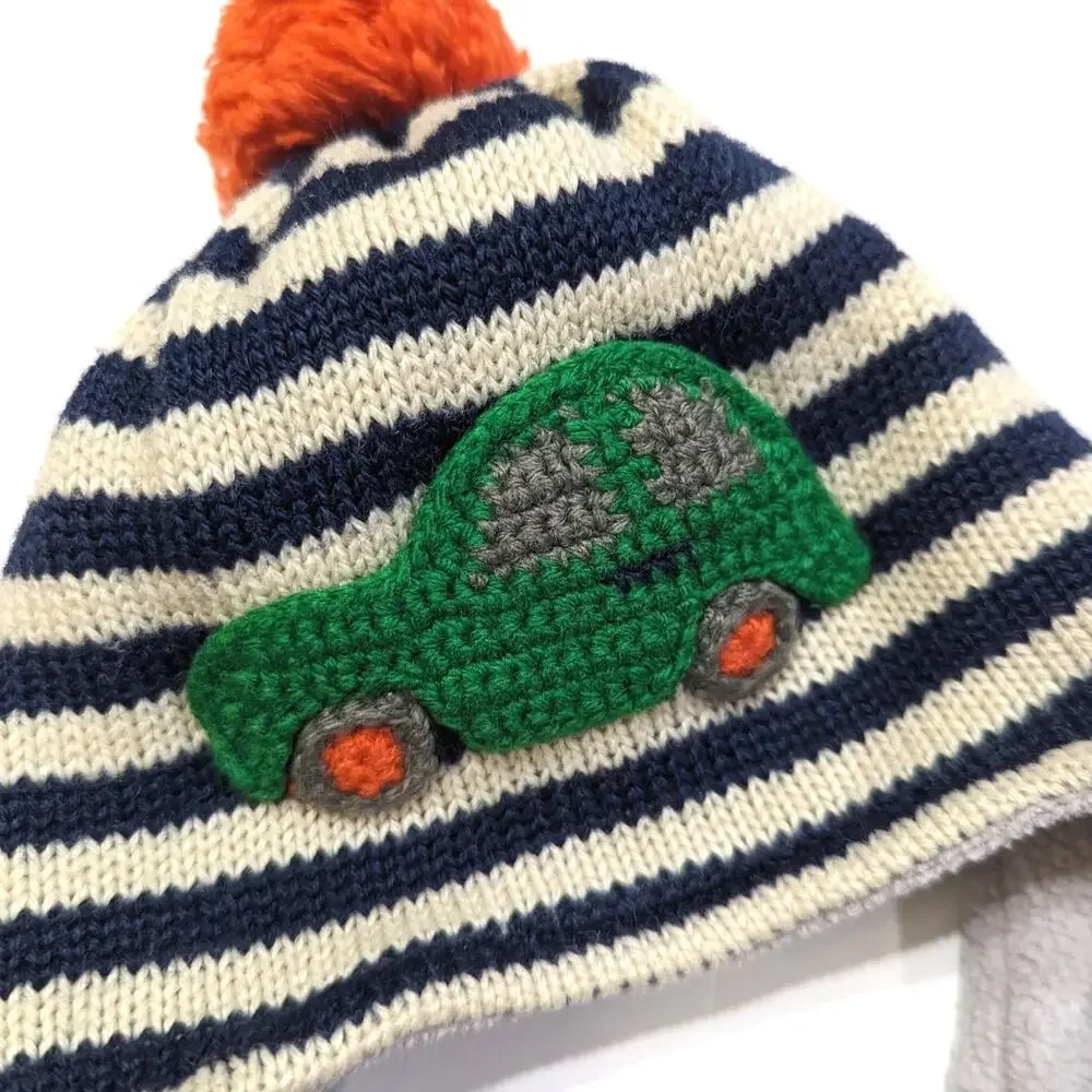 Baby Boden Winter Hat Mittens Set Boys Size 0-6m Blue Car Pom Pom